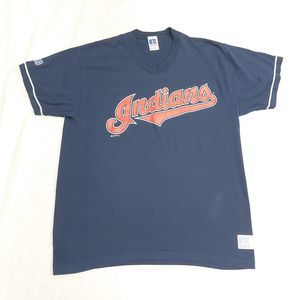 Vtg 90s Russell Athletic Cleveland Indians Navy Blue V-Neck T-Shirt Size Large